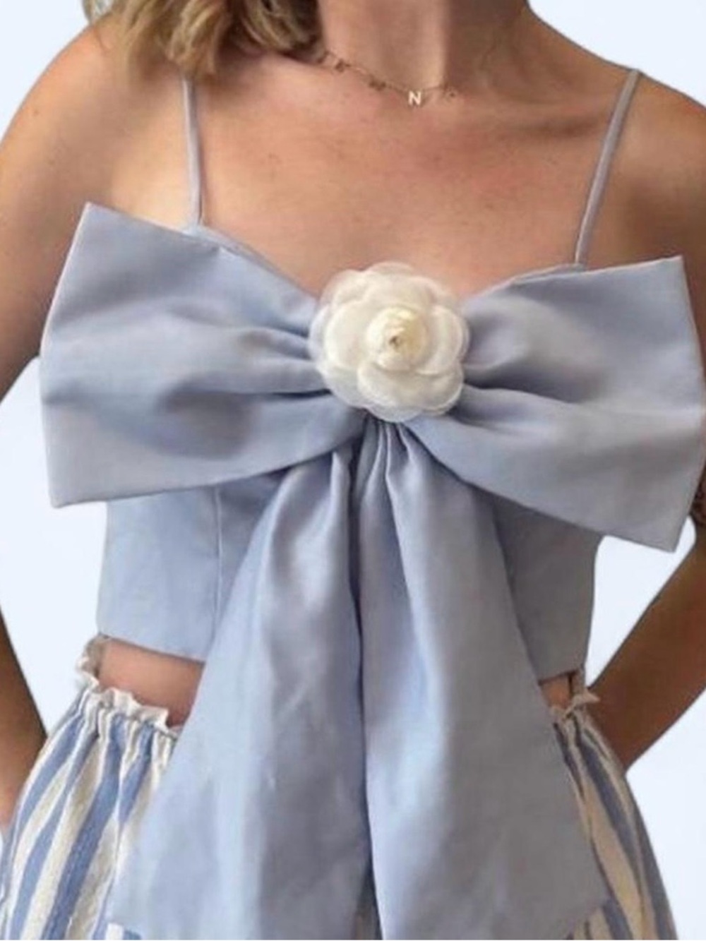 Baby Blue Satin Bow Front Crop Top with White Flower